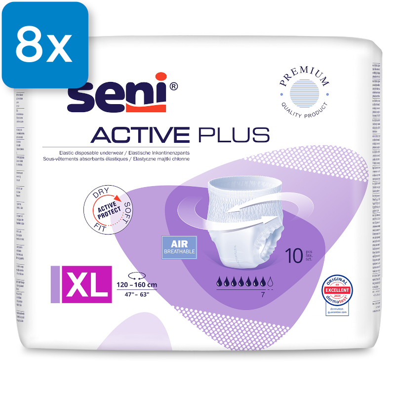 Vorderseite einer Packung Seni Active Plus Extra Large. Oben links ist ein blaues Viereck mit der Aufschrift "8x", welches signalisiert, dass sechs Packungen in einem Karton enthalten sind.